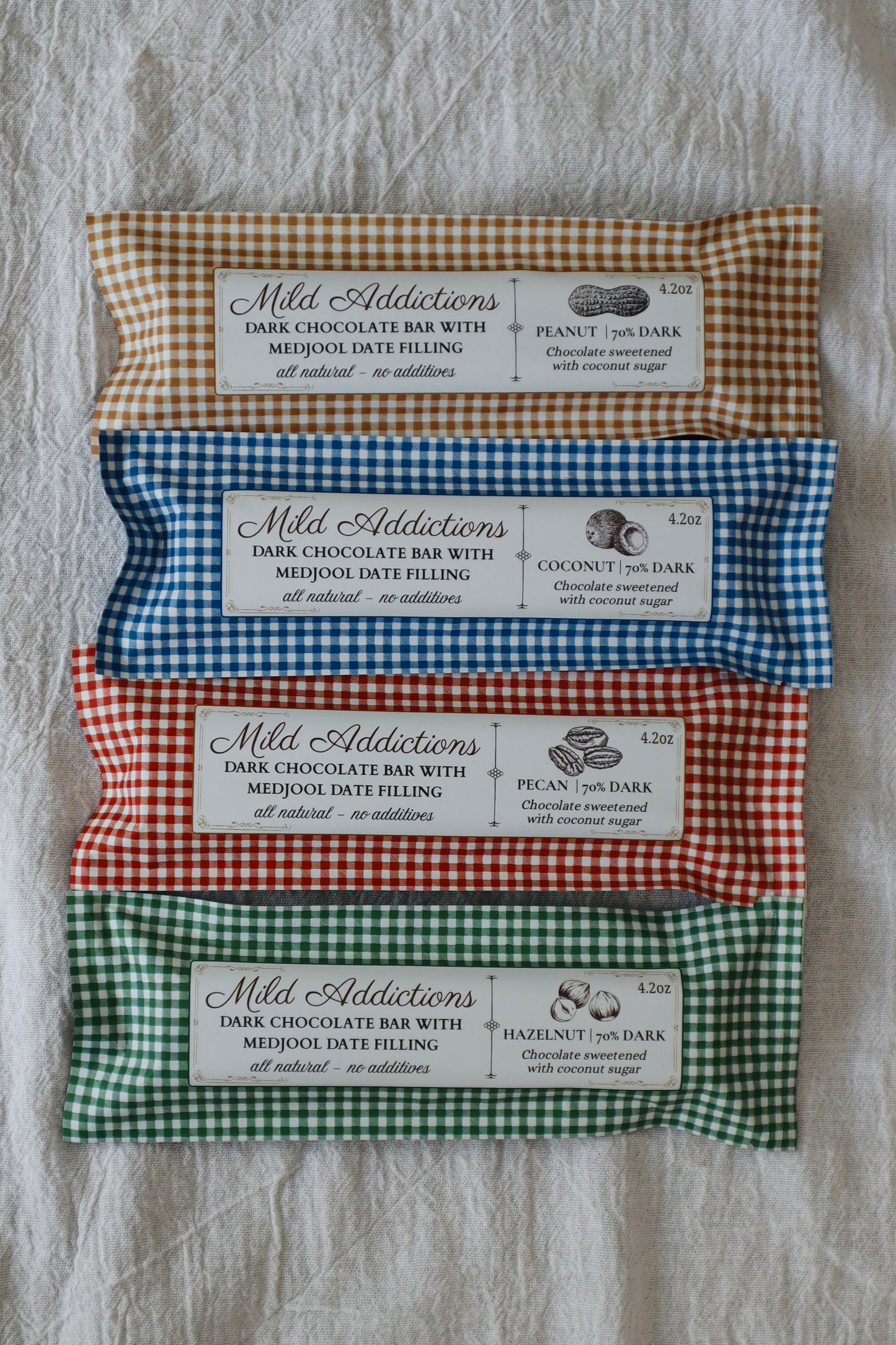 Variety 4-Pack — Dark Chocolate Bars with Peanut Butter, Coconut, Pecan & Hazelnut (4.2oz)