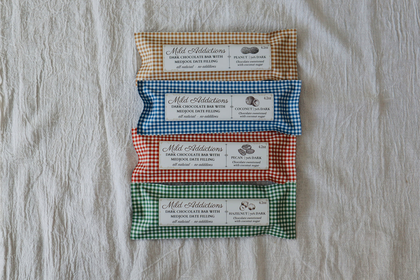 Variety 4-Pack — Dark Chocolate Bars with Peanut Butter, Coconut, Pecan & Hazelnut (4.2oz)