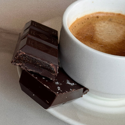Dark chocolate bars on a plate with a white cup of coffee
